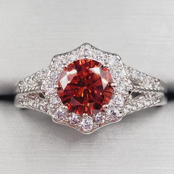 Red Ruby Simulant & Diamond Simulants Rhodium Plated Silver Tone Halo Ring - Picture 1 of 6